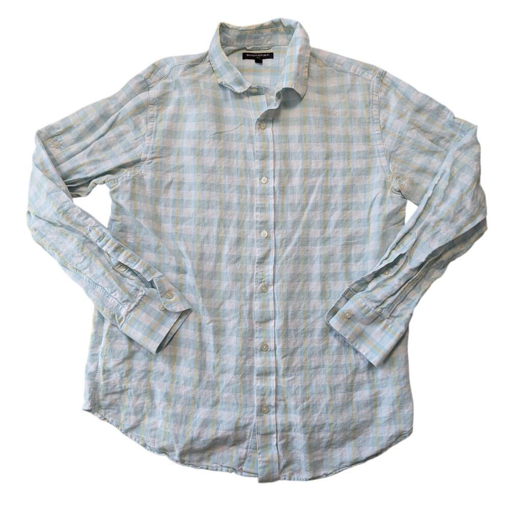 Banana Republic Plaid Shirt Mens Large Blue Yellow Linen Cotton Button Down Long